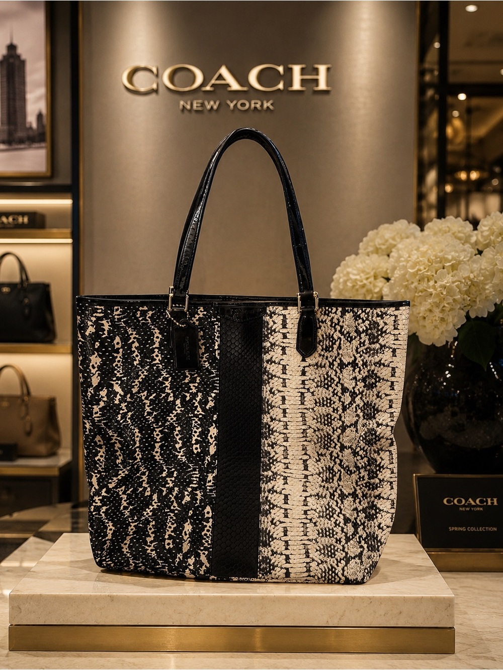 Coach 2018 Python Black and Cream Patterned Tote